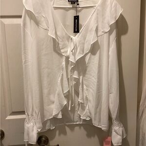 PrettyLittleThing White Ruffle Tie Blouse